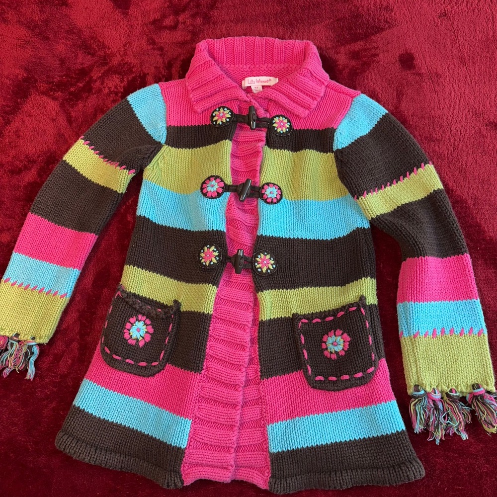 Lilly Wicket Girls 4T Striped Knit Cardigan Sweater Pink Blue Brown Fringe